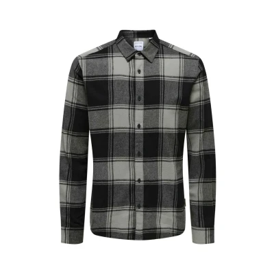 Abbildung von Kariertes Holzfäller Hemd Basic Langarm Flanellhemd Freizeit Karo Slim Fit Shirt Baumwolle ONSGUDMUND, Farben:Schwarz Dunkelgrau, Größe Hemd:S