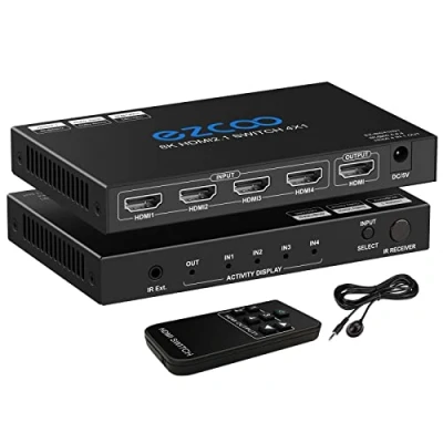 Abbildung von 8K HDMI 2.1 Switch 4K 120Hz 4x1 48Gbps VRR ARC HDCP2.3 HDR10 CEC Passthough Umschalter 60Hz 4 Port Switcher In 1 Out D olby Vision Atmos IR Remote for QLED TV,PS5,Xbox,Sky Q