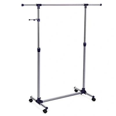 Abbildung von SONGMICS Kleiderständer, Garderobenständer auf Rollen, Rohre mit Edelstahlbeschichtung, ausziehbarer Kleiderstange, seitliche Haken für Accessoires, höhenverstellbar 97 165 cm, blau LLR01L, 150 x 44 cm