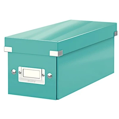Abbildung von Leitz Click &amp; Store WOW schmale Aufbewahrungsbox mit Deckel, Box zur CD Aufbewahrung, als Geschenkbox oder für Zubehör im Haushalt und Büro, 84% recycelte Premium Hartpappe, Eisblau, 60410051