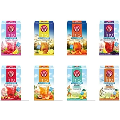 Abbildung von Teekanne frio 8er Pack mit allen neuen Sorten Eistee Pfirsich und Zitrone, Rhabarber Kirsche, Sport Mango Orange (8 x 45 g)