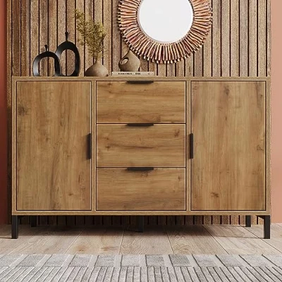 Abbildung von Merax Sideboard Kommode mit 2 Türen und 3 Schubladen 120 cm, Buffetschrank Verstellbares Ablage, Aufbewahrungsschrank in Dunkle Eiche, Metallbeinen, für Schlafzimmer, Wohnzimmer, 120x40x76 cm