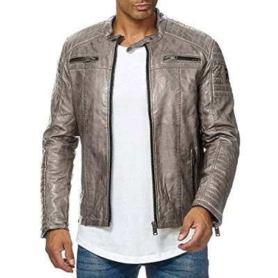 Abbildung von Redbridge Herren Jacke Übergangsjacke Biker Lederjacke Echtleder Kunstleder Baumwolle mit gesteppten Bereichen S Dirty Grau