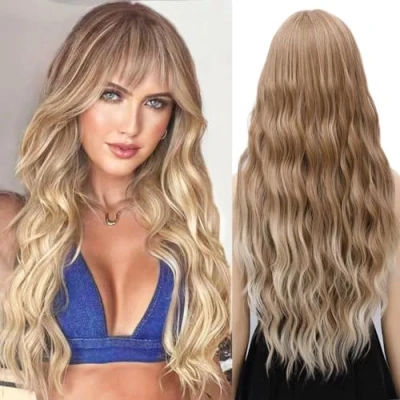 Abbildung von YEESHEDO Damen Lang Wellig Lockige Perücke Braun Gemischt Blond Farbe Wig Natürlich lange locken haare Peruecke mit Pony für Frauen 28 Zoll (Ombre Braun)