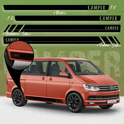 Abbildung von Auto Dress Seiten Streifen Aufkleber Set/Dekor passend für VW T4, T5 &amp; T6 Bus Motiv: Camper Racing (111M Black Matt, Kurzer Radstand)