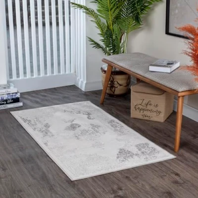 Abbildung von Surya Tangier Vintage Teppich Läufer Flur, Esszimmer Wohnzimmer, Rugs Living Room Boho Orientalisch Style, Kurzflor Carpet Grau, Weiß und Blau 80x150cm