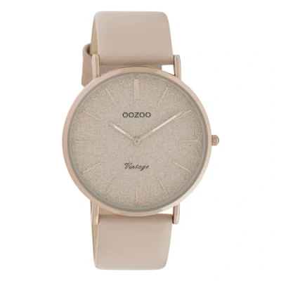 Abbildung von Oozoo Quarzuhr Damen Armbanduhr Vintage Series, (Analoguhr), Damenuhr rund, groß (ca. 40mm), Lederarmband beige, rosa, Fashion