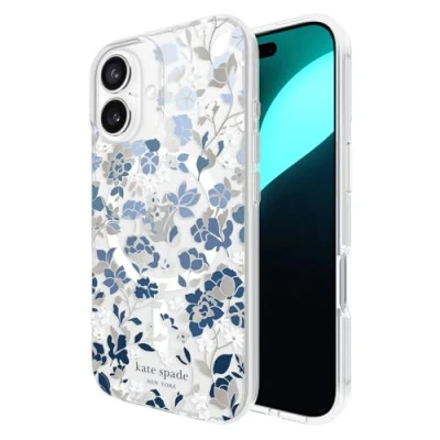 Abbildung von Kate Spade New York Schutzhülle für iPhone 16, kompatibel mit MagSafe, Designer Handyhülle, Blumenbeet, Blaue Edelsteine