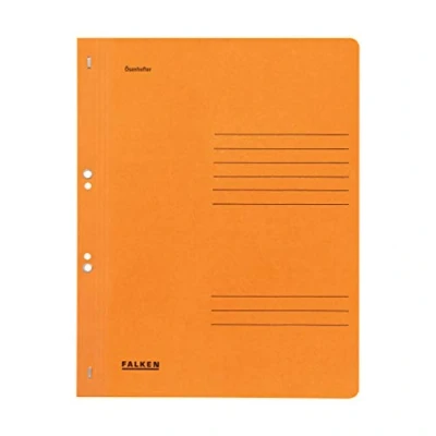 Abbildung von Original Falken 50er Pack Ösenhefter. Made in Germany. Aus Recycling Karton mit ganzem Vorderdeckel, kaufmännische und Behördenheftung für DIN A4 orange Hefter Sammelmappe Blauer Engel