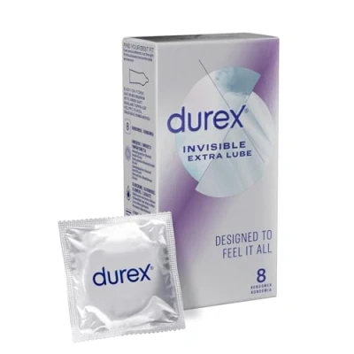 Abbildung von 4 Packungen Durex Invisible Extra Lube Kondome aus dünnem Latex, 6 mit je Stück 24