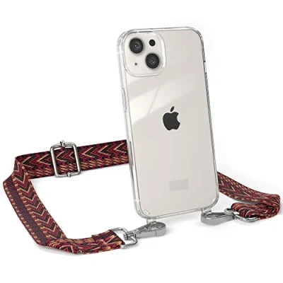 Abbildung von EAZY CASE Handykette Verstellbarer Trageriemen kompatibel mit iPhone 13, dünner Riemen, Festivalbag transparentem Cover, zum Umhängen, Rot/Braun Verschluss Silber
