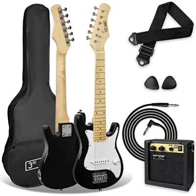 Abbildung von 3rd Avenue E Gitarre für Kinder, 1/4 Größe, Anfänger, 6 Monate, inklusive 5 W Verstärker, Kabel, Tasche, Plektren und Gurt, Schwarz Weiß, STX30BWPK