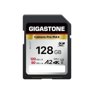 Abbildung von Gigastone A2 V60 SDXC Speicherkarte, 128GB, 4 K Pro Serie, Geschwindigkeit 120 MB/s, kompatibel mit Canon Nikon Sony Panasonic U3 UHS I Klasse 10 für 4K UHD Video, inkl. 1 Mini Hülle