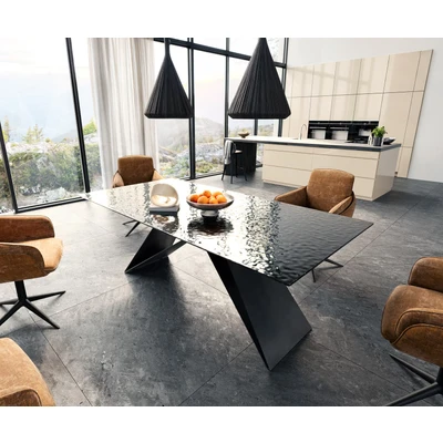 Abbildung von Esstisch Edge 200x100 Reliefglas Rauchschwarz 3D Design V Gestell Flachstahl Schwarz