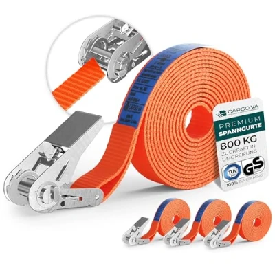 Abbildung von CargoVA® Robuste 800kg Spanngurte [4er Set] TÜV/GS Zertifiziert &amp; DIN Vielseitig Einsetzbar 25mm Breite Ideal für Professionelle Anwendungen [4M]