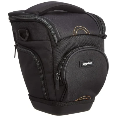 Abbildung von Amazon Basics Holster SLR Schultertasche für Kamera Körper und Objektiv, Abnehmbarer Gurt, wasserdicht, stoßfest, gepolstert, Einfarbig, Zubehörtasche Schwarz
