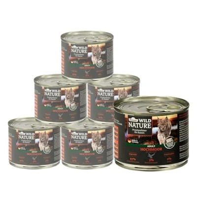 Abbildung von Dehner Wild Nature Katzenfutter Hochmoor, Nassfutter getreidefrei, für ausgewachsene Katzen, Ente / Pute, 6 x 200 g Dose (1.2 kg)