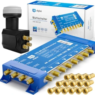 Abbildung von Hochwertiger Quattro LNB + Multischalter pmse 5/8 HB DIGITAL 1x SAT bis 8 x Teilnehmer/Receiver für Full HDTV 3D 4K UHD mit Netzteil 25 Vergoldete F Stecker Gratis dazu