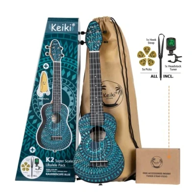 Abbildung von Ortega Guitars Sopran Ukulele blau Keiki K2 Starterkit inklusive Tuner, Gurt, 5 Medium Plektren &amp; Kordelzugtasche blue kaleidoscope (K2SS BKC)