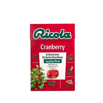 Abbildung von Ricola Cranberry, 50g Böxli original Schweizer Kräuter Bonbons mit 13 Alpenkräutern &amp; fruchtig erfrischender zuckerfrei, 1 x 50g, vegan