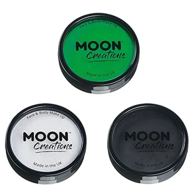 Abbildung von Moon Creations Pro Gesichts und Körper Make up, professionelle Farbfarben Kuchentöpfe für Gesichtsfarbe, Kostüme, Feste, Halloween Kinder, Erwachsene (Hellgrün, Weiß, Schwarz)
