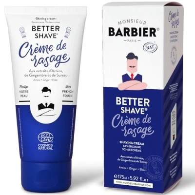 Abbildung von Rasiercreme von Monsieur Barbier, vegan, natürlich und französisch, auf Basis Arnika, Zypressen &amp; Ingwer ein dichter cremiger Rasierschaum idealer Schutz für empfindliche Haut 175 ml