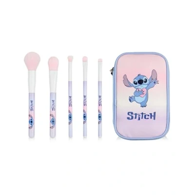 Abbildung von Disney Lilo &amp; Stitch Make up Pinselset für Frauen Mehrfarbige Schönheitspinsel mit Reißverschluss Aufbewahrungstasche Charakter 5 Gesichtspinseln Ohana Film Merchandise