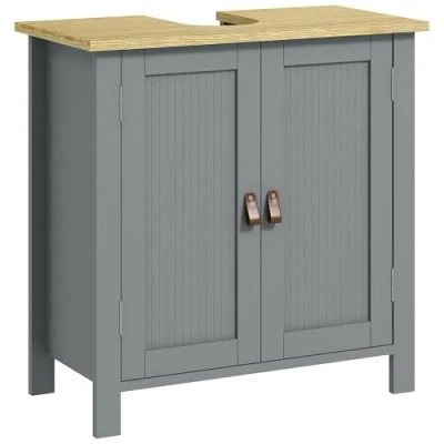 Abbildung von kleankin Waschbeckenunterschrank mit 2 Türen und verstellbaren Einlegeböden, Etagen innen, PU Griffe, 60 x 30 cm, Grau