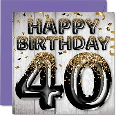 Abbildung von Geburtstagskarte zum 40. Geburtstag für Männer schwarze und goldene Glitzerballons Happy Karten 40 Jahre alten Mann Vater Cousin Freund Bruder Onkel 145 mm Grußkarten