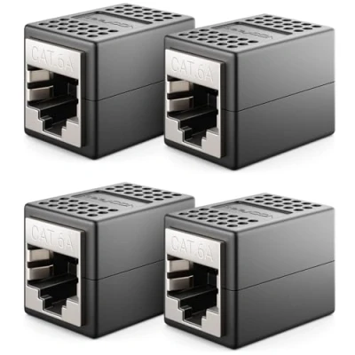Abbildung von deleyCON 4 Stück RJ45 Kupplung (10 Gbit/s) LAN Kabel Verlängerung Netzwerkkabel Ethernet Adapter Verbinder Kompatibel zu Cat8, Cat7, Cat6, Cat5 Patchkabel DSL POE 2X Buchse Schwarz