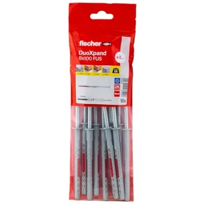 Abbildung von fischer DuoXpand 8 x 100 FUS, hochwertiger Universaldübel mit Sechskantschraube &amp; angeformter U Scheibe (10 Stk.), Dübel für starken Halt, ideal poröse Baustoffe randnahe Verankerungen