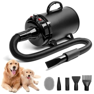 Abbildung von Blanlody Hundefön Blower Sehr Leise 5.2 PS / 3800W Motor Einstellbare Geschwindigkeit, Hundepflege Trockner Gebläse mit 4 verschiedenen Düsen elastischem Schlauch (Black)