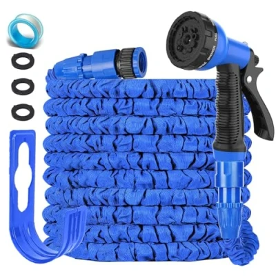 Abbildung von LINGKY Flexibler Gartenschlauch 15m, dehnbarer flexiSchlauch, Wasserschlauch flexibel mit 3 Fach Latexkern inkl. Adapter für 1/2&#039; 3/4&#039; Zoll und Wandhalterung, den Außenbereich