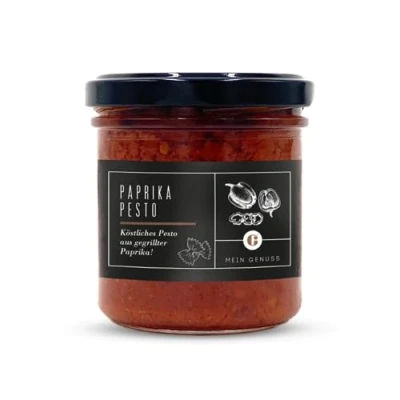 Abbildung von MEIN GENUSS Paprika Pesto 150 g Inhalt Gegrillte und Aubergine Griechisches Olivenöl nativ extra Für Pasta oder als Dip