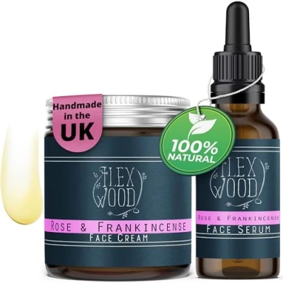 Abbildung von Rose und Weihrauch Creme &amp; Serum Geschenkset handgefertigt, 100% natürlich, vegan, feuchtigkeitsspendend, Anti Aging, tierversuchsfrei, palmölfrei, plastikfrei