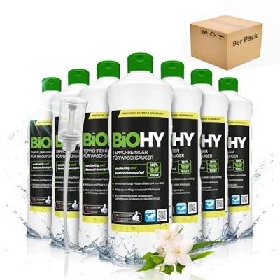 Abbildung von BIOHY Teppichreiniger für Waschsauger (9 x 1 Liter) + Dosierer geeignet alle entfernt Flecken und Schmutz mühelos Reinigung Pflege in nur einem Arbeitsgang
