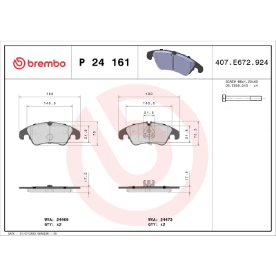 Abbildung von BREMBO P 24 161 Bremsbelagsatz exkl. Verschleißwarnkontakt mit Bremssattelschrauben ohne Zubehör FORD: Focus 2 Schrägheck