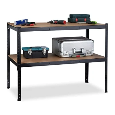 Abbildung von Relaxdays Werkbank, 2 Ebenen, höhenverstellbar, Werktisch, zum Stecken, Werkstatt, Stahl, MDF, HBT 90x120x60 cm, schwarz