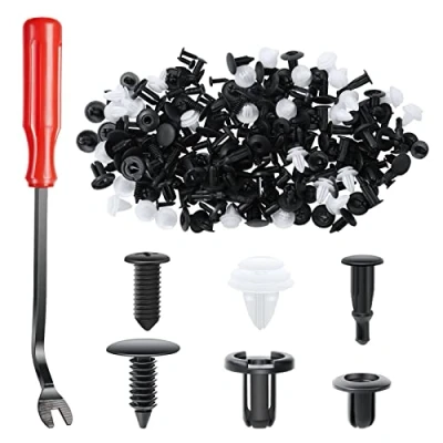 Abbildung von URAQT Auto Befestigung Clips,130 Stück Universal Schwarz Kunststoffniet Türverkleidung Klammern Stoßstangen Zierleisten Befestigungclips Plastikklips Set Demontage Werkzeug Car Retainer Kit