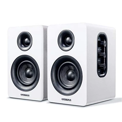 Abbildung von Sanyun SW208 3&quot; Aktive Bluetooth 5.0 Regallautsprecher 60W Kohlefaser Lautsprechereinheit eingebauter 24 Bit DAC dynamischer 3D Surroundsound 2.0 Computer PC Monitor (Paar, weiß)