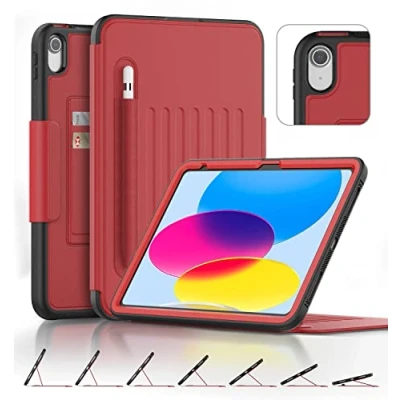 Abbildung von DAORANGE Hülle für iPad 10. Generation 2022 (10,9 Zoll), PU Ledertasche Stoßfest Magnetic Schutzhülle mit Stifthalter, Multi Winkel Ständer, Auto Schlaf/Wach Cover 10 10.9&quot; (Rot)