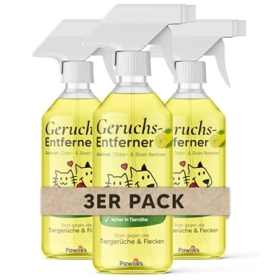 Abbildung von Pawlie&#039;s Tier Geruchsneutralisierer (EXTREM STARK) &amp; Enzymreiniger Katzenurin Geruchsentferner Hundeurin neutralisieren Strenge Gerüche Flecken aus Teppich, Sofa entfernen (3x 500 ml)