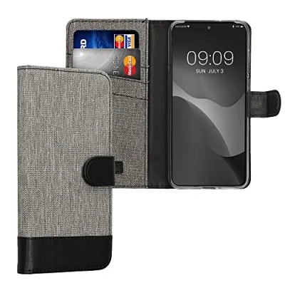 Abbildung von kwmobile Wallet Case kompatibel mit Motorola Edge 30 Neo Hülle Ständer Handyhülle Kartenfächer Grau Schwarz