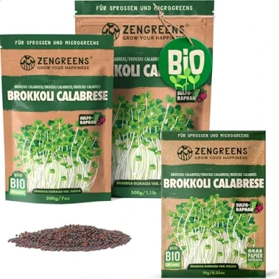 Abbildung von zengreens® Bio Brokkoli Samen Wähle zwischen 10g, 200g und 500g Brokkolisprossen mit hohem Sulforaphan Gehalt Brokkolisamen Calabrese wiederverschließbare Verpackung