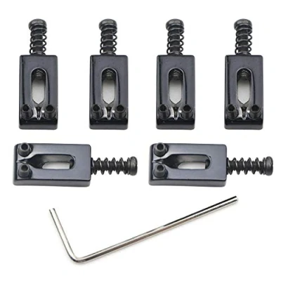 Abbildung von Unxuey 6 Stück Schwarze E Gitarren Brückensattel, Gitarre Tremolo Sättel Brücke für Fender Strat Stratocaster mit Schraubenschlüssel