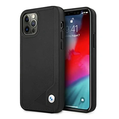 Abbildung von CG MOBILE BMW Handyhülle für iPhone 12/12 Pro in Schwarz mit eingestanzten Mustern, echtes Leder, Bequeme &amp; schützende Hülle einfachem Snap on, Stoßdämpfung Signatur Logo