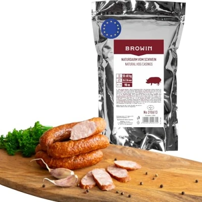 Abbildung von BROWIN® Naturdarm für Wurst Premium hausgemachte Würstchen, Wacholderwurst, Weißwurst, Bratwurst (Kaliber 28/30 m, 90 Meter, Schweinedarm)