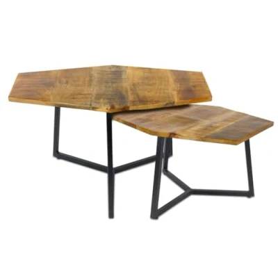 Abbildung von Amago home Couchtisch Set 2 Stück Wohnzimmer Beistelltisch Satztisch Gestell Metall Tischplatte vollmassiv Farbe schwarz matt Tabacco