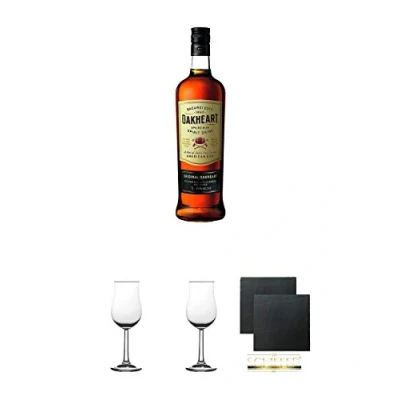 Abbildung von Bacardi Oakheart 1,0 Liter + 2 Bugatti Nosing Gläser mit Eichstrich 2cl und 4cl Schiefer Glasuntersetzer eckig ca. 9,5 cm Ø