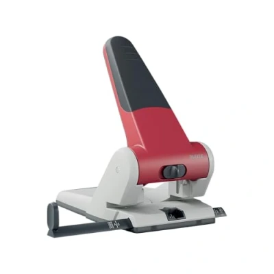 Abbildung von Leitz Extrastarker Registraturlocher aus Metall, für 65 Blatt, Großer Locher das Büro, Anschlagschiene mit Formatangaben, Ergonomisches Design, rot, 51800025